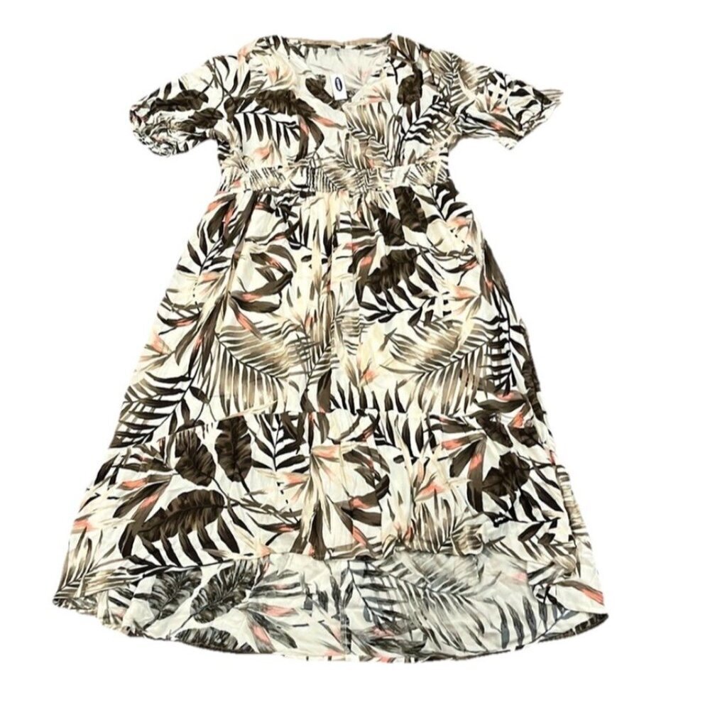 Old Navy Palm Leaf Smocked Empire Dress L Womens Long Hi Lo Hem Brown Multicolor